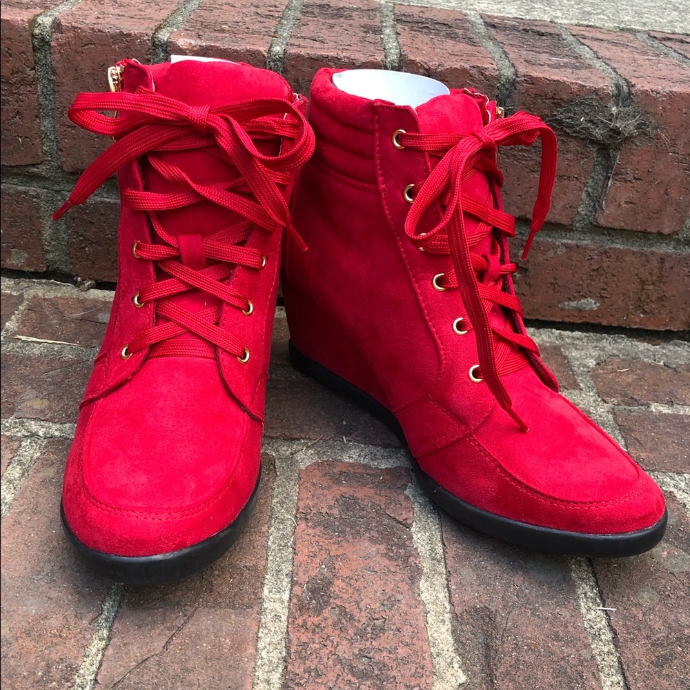 Red Wedge Heel Ankle Booties